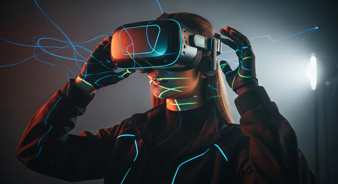 Image displays a person wearing a VR headset and gloves with glowing lines. It represents virtual reality, technology, and immersive digital experience - Powered by Adobe