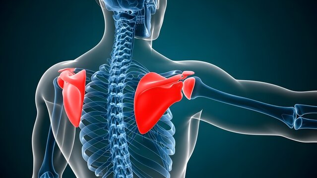 Ultra realistic 3D medical illustration of human shoulder anatomy, back view. Transparent upper body revealing spine, rib cage, and shoulder joints. Bright red scapula bones highlighted symmetrically 