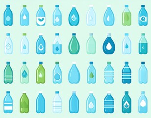 An illustrated, vibrant collection of various transparent plastic water bottles, each uniquely designed and filled with liquid