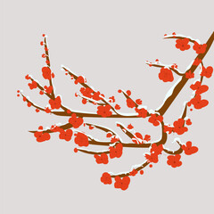 Blooming branch of tree plum, flat vector isolated illustration, element, korean, chinese scene