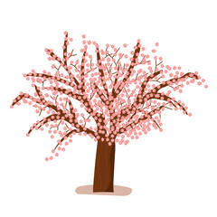 Plum tree blooming in spring flat vector illustration, blossom brach with red petals