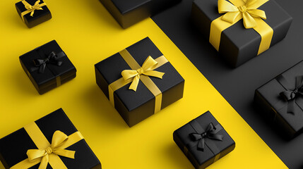 Black Friday Sale Concept with Black Gift Boxes on Yellow and Black Background, Top View