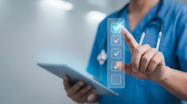 Healthcare checklist and digital verification process performed by medical professional using tablet with copy space. - Powered by Adobe