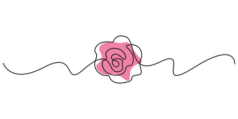 Continuous one-line drawing illustration of a rose flower. Single, unbroken black line that forms the shape of a rose
