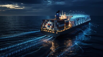 Container ship sailing at night with digital binary data trail
