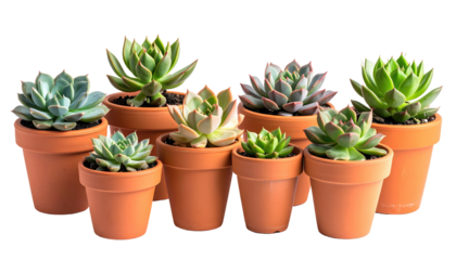 A collection of various succulents in terracotta pots, arranged closely together, showcasing different colors and forms