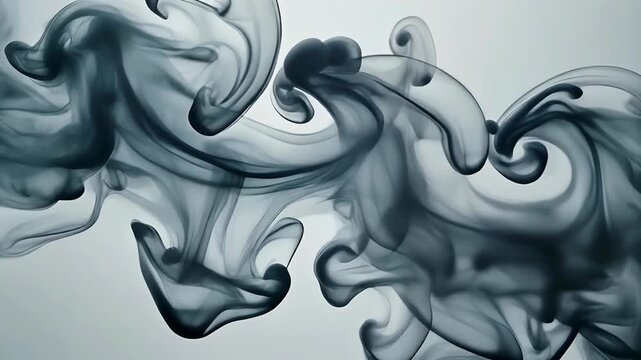 Abstract black ink swirling and dissolving in clear liquid against a light background.