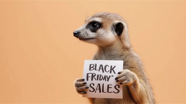 A cute adorable Meerkat promoting Black Friday's Sales. Copy space, neutral studio background.  
