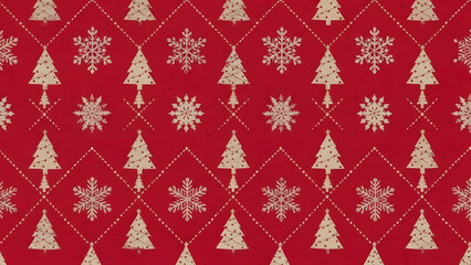 Christmas tree and snowflake pattern on red background