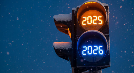 Traffic light with '2025' and '2026' displayed in orange and blue, covered in snow, symbolizing transition, future anticipation, and year change