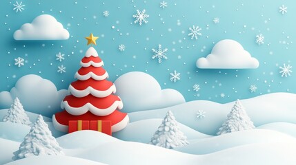 Festive Christmas tree in snowy landscape; winter wonderland scene; holiday card design