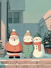Santa, snowman, and friend celebrating winter holidays