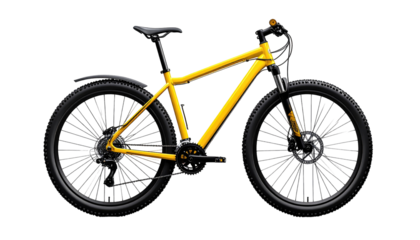 A vibrant yellow mountain bicycle, set against a black background, showcasing its frame, wheels, and components. Its design is clean and modern