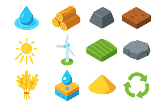 Sustainable Resource Icons. Resource Utilization Set isometric flat set: water source, wood stack, metal chunk, soil bed, solar ray, wind turbine symbol, pasture field, rock slab,