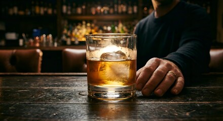 A moody, atmospheric shot of a glass of whiskey with a large ice cube on a wooden bar, backlit to show the amber color and condensation.