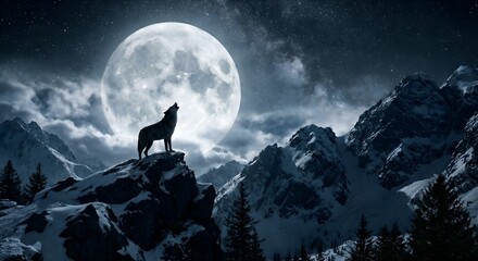 A cinematic shot of a lone wolf howling at the moon on a snowy ridge, silhouetted against a dark, starry sky, representing wild nature.