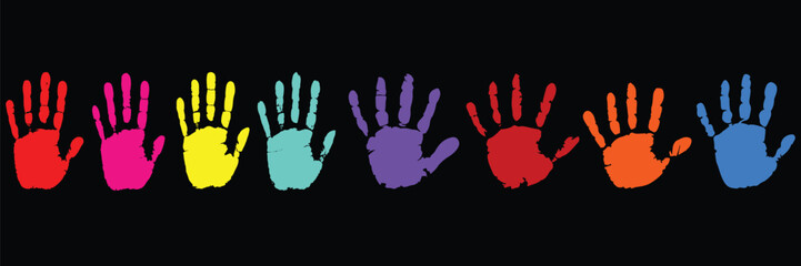 A vibrant row of colorful handprints on a black background, representing diversity, friendship, and creative childhood education concepts