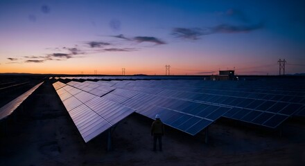 A cinematic shot of a sprawling solar farm at dusk, with the panels reflecting the deep blue and purple hues of the twilight sky.