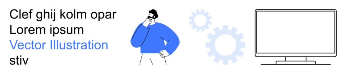 Business strategy, productivity, problem-solving, innovation, teamwork, software development. Person thinking and monitor with gear elements. Business strategy and productivity concept