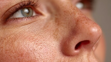 Obraz premium Extreme macro shot reveals clean human skin texture on a cheek, highlighting visible pores and fine hairs under soft natural lighting.