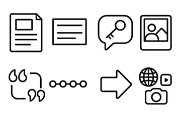 Communication Icon Set. Communication Narrative Tools linear set: content outline sheet, headline card, key message bubble, example vignette frame, quote marker, timeline bar, call