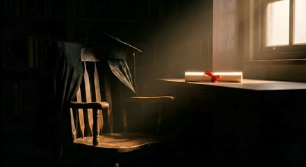 A dramatic shot of a graduation cap and gown hanging on a chair in a dark room, with a single diploma illuminated, symbolizing achievement and future.