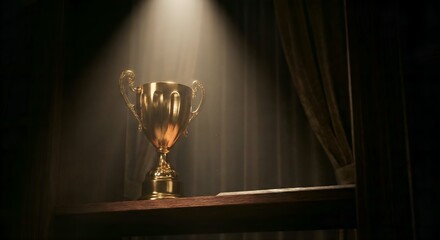 A dramatic shot of a golden trophy sitting on a shelf in a dark room, illuminated by a spotlight, symbolizing victory and prestige.