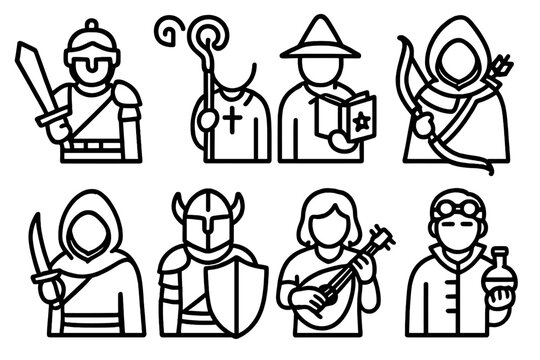 Fantasy Class Icons. Character Classes & Roles linear set: warrior blade, healer staff, mage tome, ranger bow, rogue dagger, guardian shield, bard lute, alchemist vial.