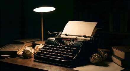 A dramatic shot of a vintage typewriter with a blank page, sitting on a desk in a shadowy room, symbolizing writer's block or the start of a story.