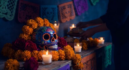 A dramatic shot of a stylized skull with flowers and candles, representing Dia de los Muertos, with rich colors and deep shadows.