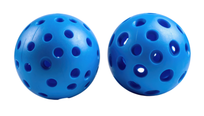 Two isolated blue spheres, each with numerous circular perforations. The spheres are set against a pure black background