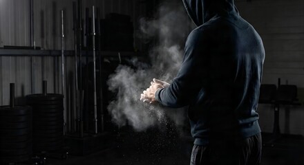 A dramatic, low-key shot of a weightlifter chalking their hands before a lift, creating a cloud of white dust against a dark gym background.