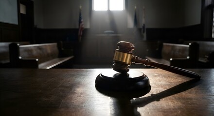 A dramatic shot of a courtroom gavel resting on a wooden sound block in a dark room with a single beam of light, symbolizing justice and authority.