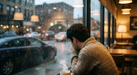 A melancholic yet hopeful shot of a person looking out a rainy window in a cozy coffee shop, with raindrops on the glass blurring the city lights outside.