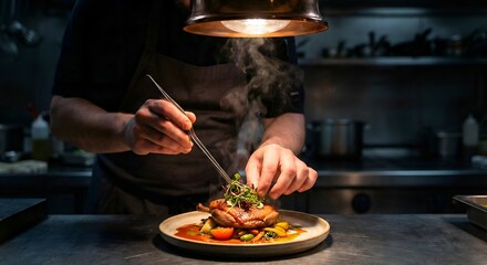 A dramatic close-up of a chef plating a gourmet dish in a dark kitchen, with focused lighting highlighting the steam and vibrant colors of the food.