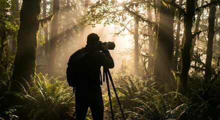 A stunning, backlit shot of a photographer holding a camera in a misty forest at dawn, capturing the pursuit of the perfect image amidst nature&rsquo;s quiet beauty.