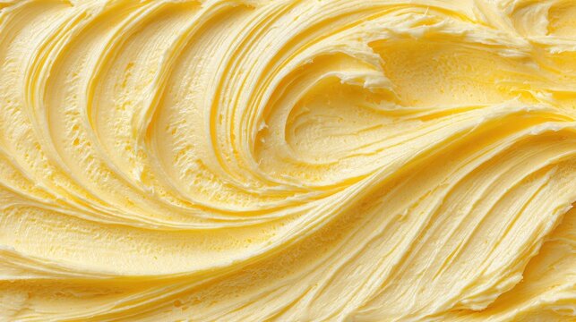 Top view close-up of creamy yellow buttercream frosting or butter texture with swirled patterns.