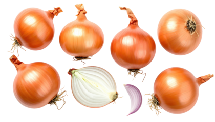 A collection of various golden-brown, round vegetables, some whole, others sliced to reveal white flesh and a purple crescent