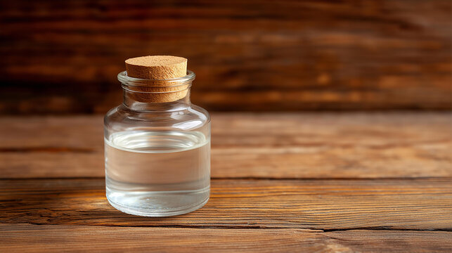 Flask containing sodium chlorite for water treatment and disinfection used in sugar and alcohol industries on wooden surface, chemical compound display, industrial sanitization age