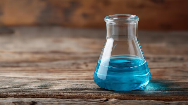 Flask containing sodium chlorite for water treatment and disinfection used in sugar and alcohol industries on wooden surface, chemical compound display, industrial sanitization age