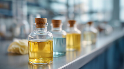 Bottles of various fragrances in laboratory setting, perfume development environment, scent testing facility, cosmetic research laboratory, fragrance manufacturing workspace, with