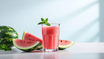 watermelon juice in glass, watermelon pieces placed naturally around, soft white background, natural sunlight, medical nutrition concept, healthy lifestyle drink, hydration and detox