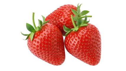 Three ripe red strawberries isolated PNG, fresh summer fruit on transparent background, healthy eating and dessert ingredient