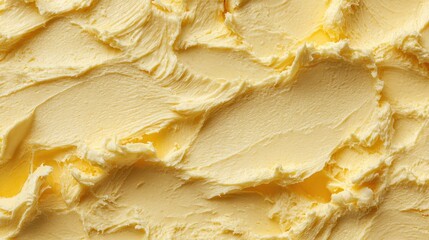Textured full frame view of bright yellow buttercream or soft cheese spread with uneven swirls.