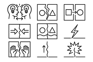 Creative Tension Icons. Creative Tension linear set: conflicting ideas, split frame, contrast shapes, push–pull arrows, dynamic line, breakthrough crack.