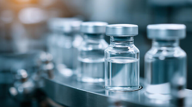 Automated pharmaceutical production line uses glass vials showcasing modern technology for efficient medical manufacturing in sterile environment, precision equipment boosts health