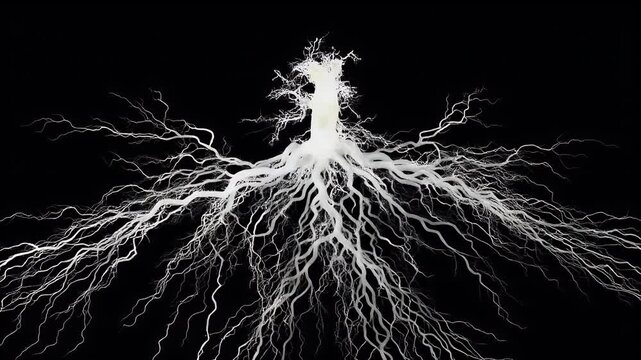 Abstract white branching structure resembling roots or nerves against a black background.