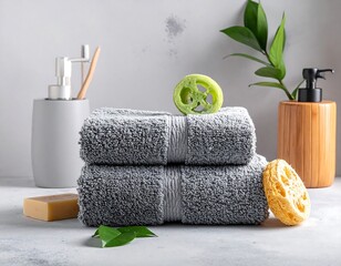 Bathroom setup features gray stacked towels, with a sponge and other bath accessories, on a neutral-toned backdrop with plants