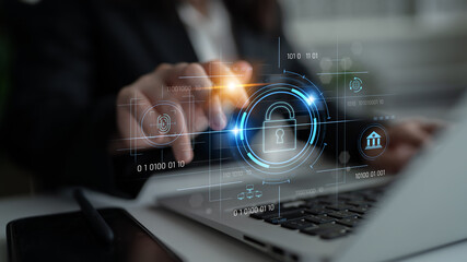 Cybersecurity system interface with biometric lock and data protection. Cybersecurity protects...