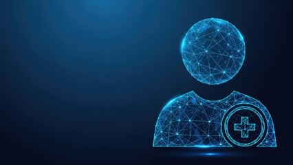 Obraz premium Digital network representing a person icon with glowing blue wireframe connections against a dark background
